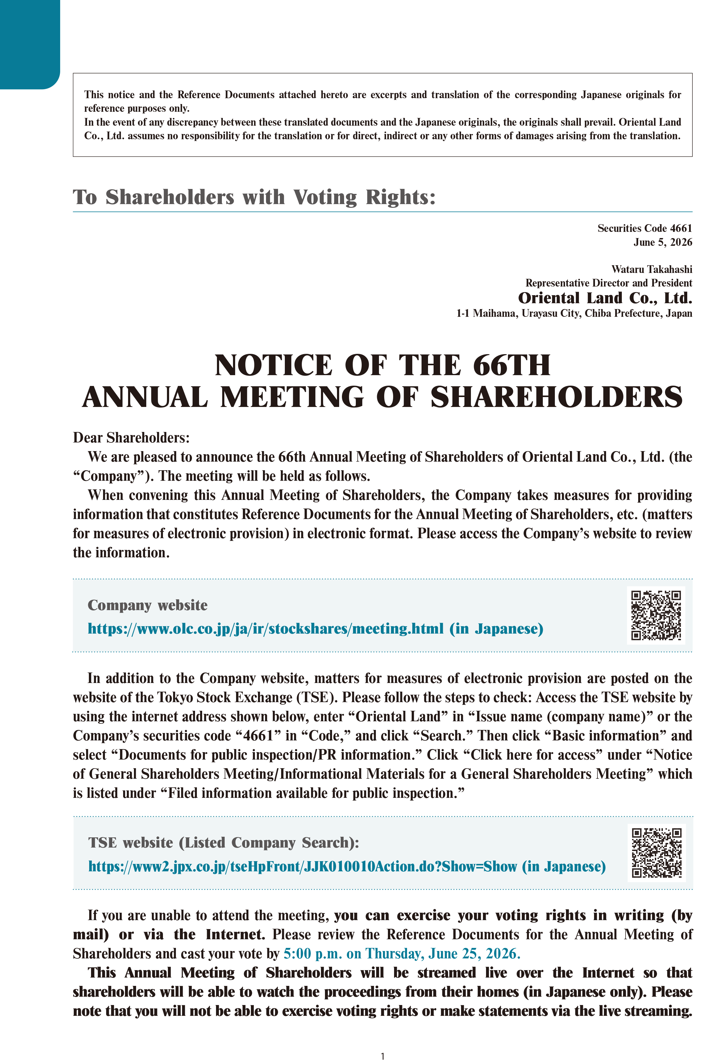 Notice of the Annual Meeting of Shareholders