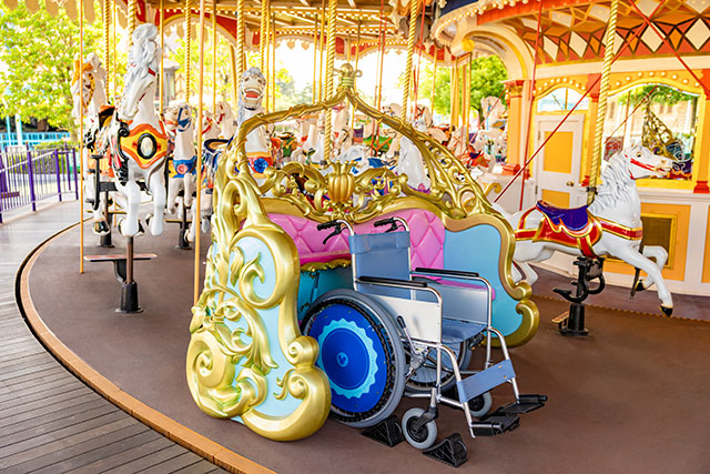 This ride vehicle on Castle Carrousel allows electric and manual wheelchair users to enjoy the ride without transferring (installed in July 2025).